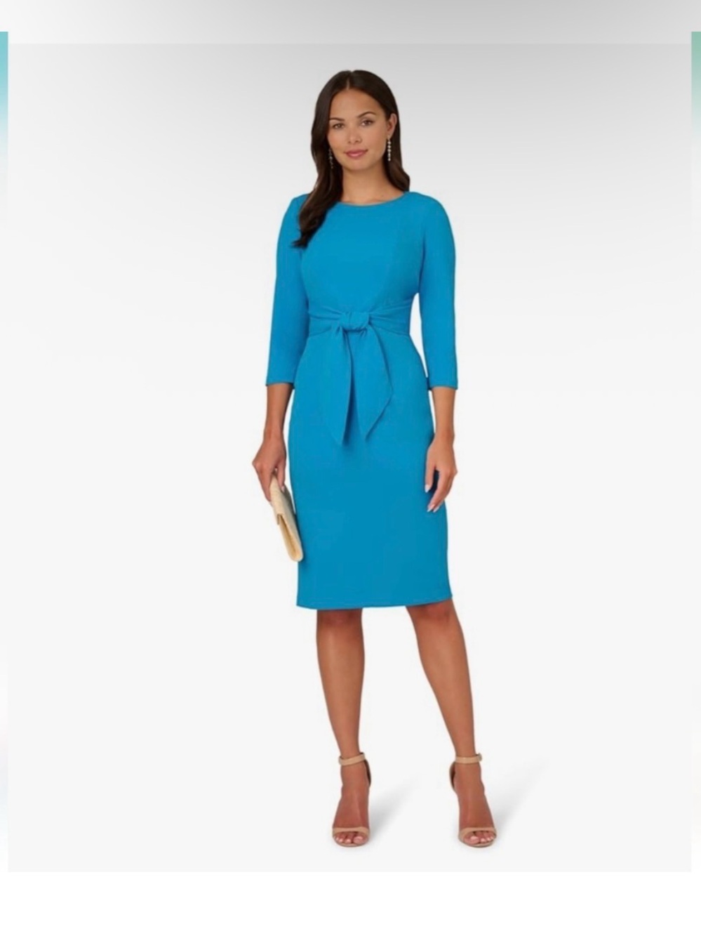 Adrianna Papell Size 4 Blue Tie Waist 3/4 Sleeve Sheath Cocktail Midi Dress NWT